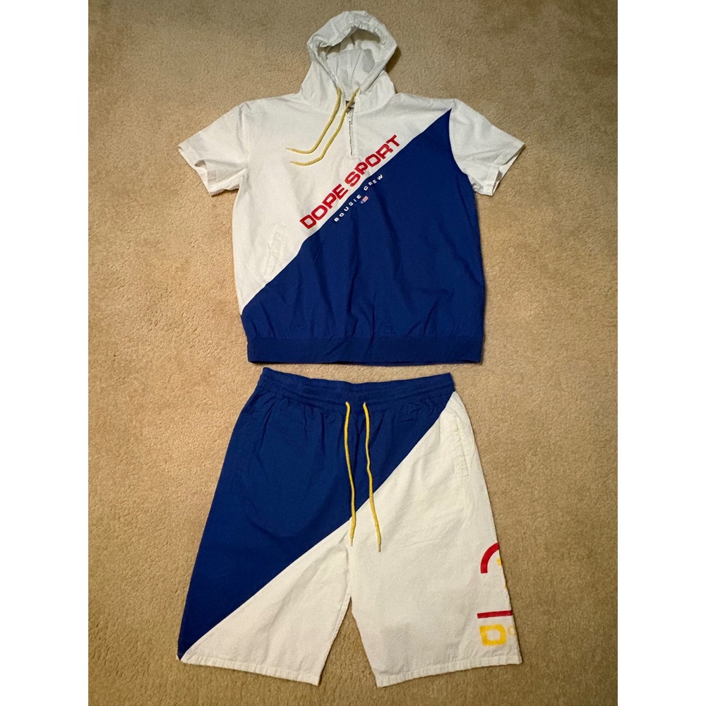 Dope Sport Bougie Crew Mens 2PC Set White Blue Hooded Windbreaker Shorts XXL